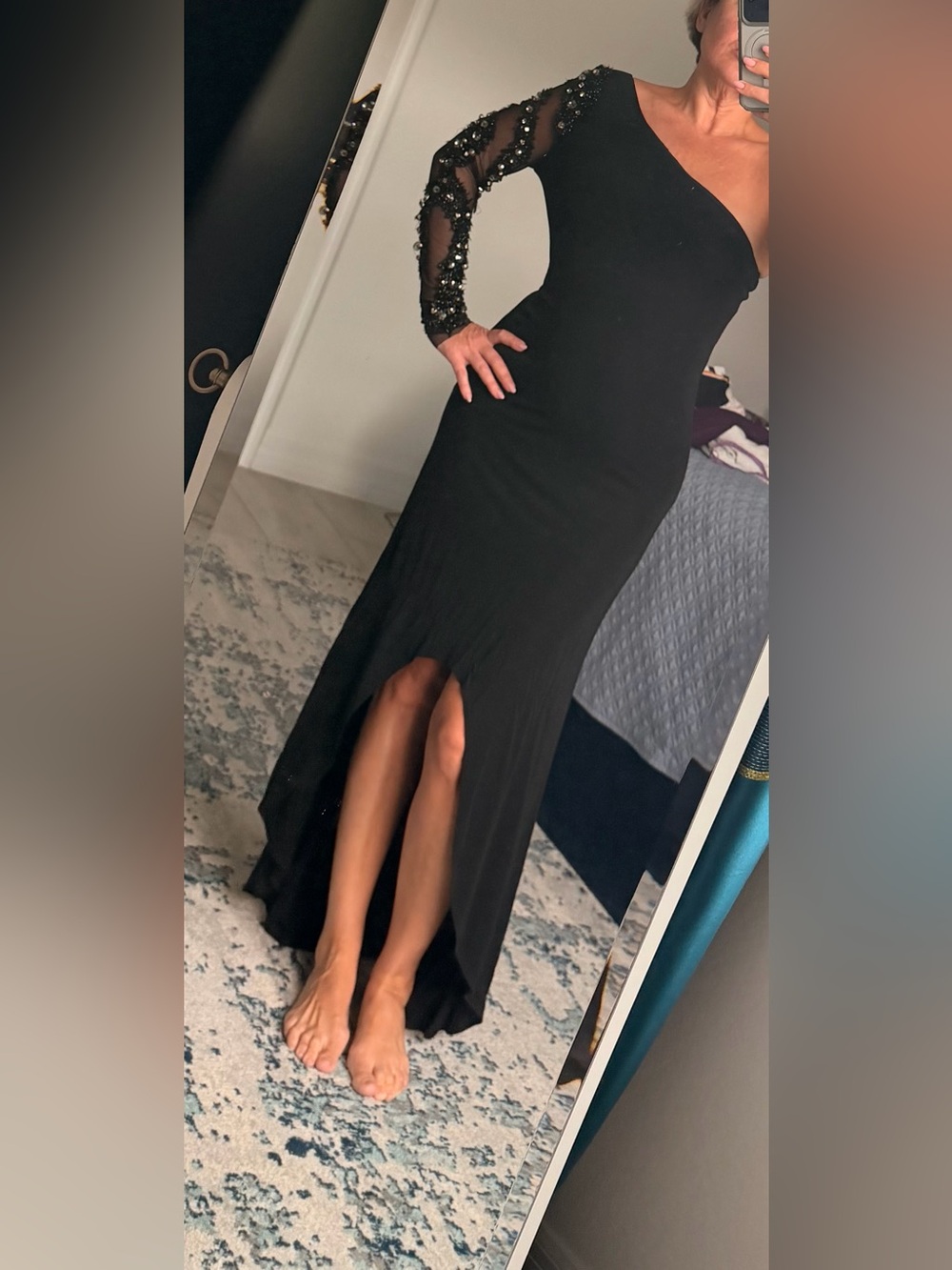 Vintage ABS Allen Schwartz Black One-Shoulder High-Slit Evening Gown
